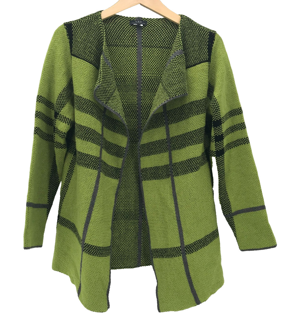 VEX Collection Sweater Womens Large Green Black Plaid Cardigan Open Front Knit